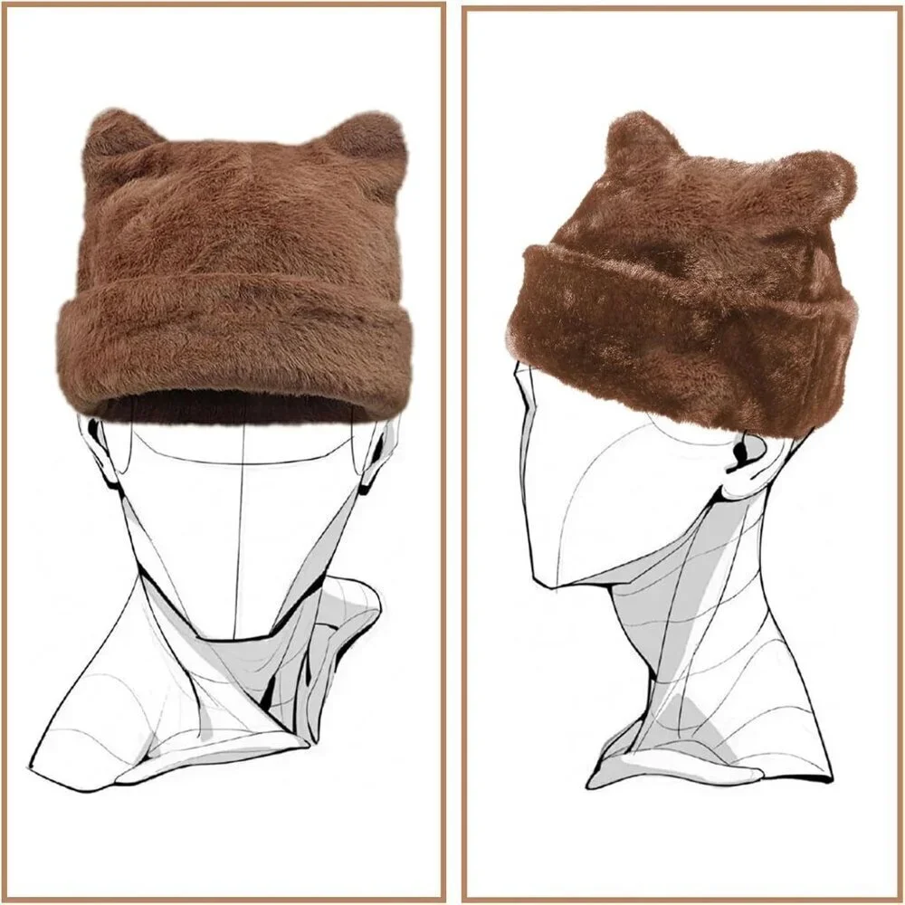 Women's Brown Winter Beanie Hat Cute Cat/Bear Ear Hat with Internal Support